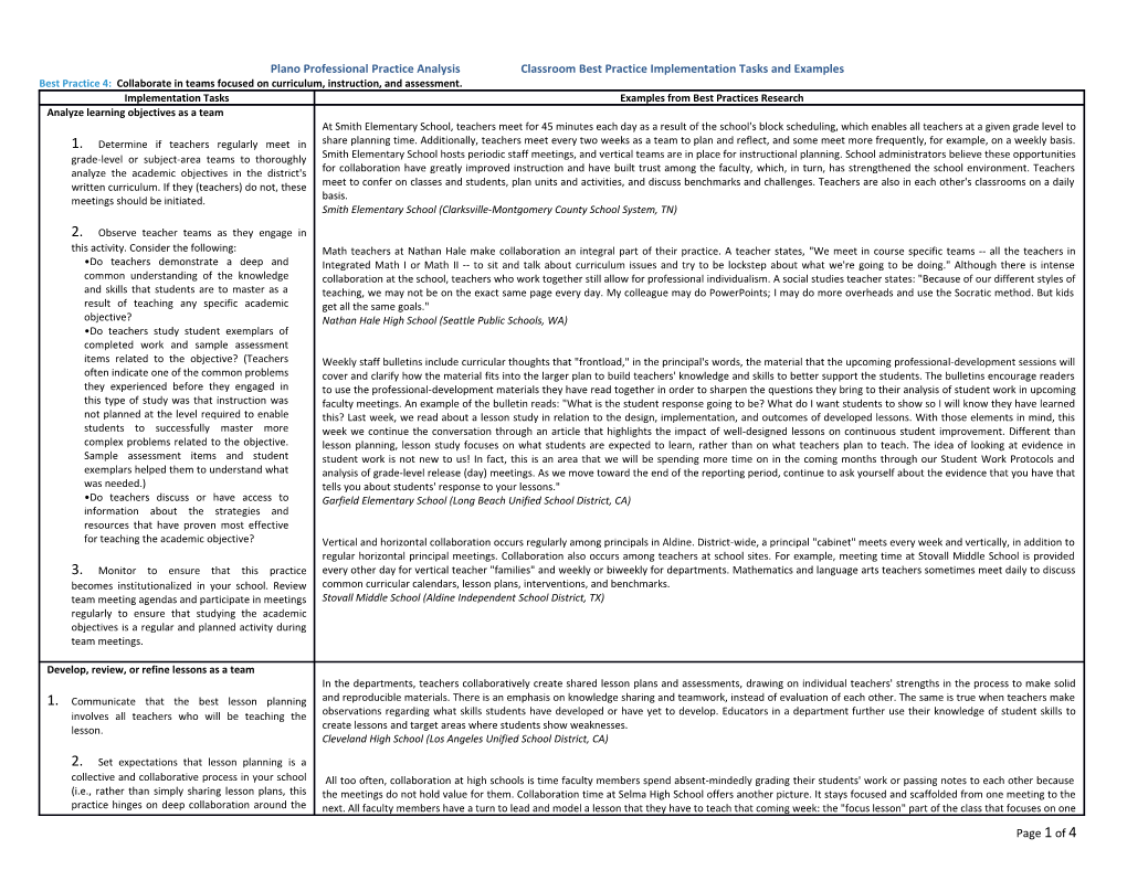 Plano Professional Practice Analysis Classroom Best Practice Implementation Tasks and Examples