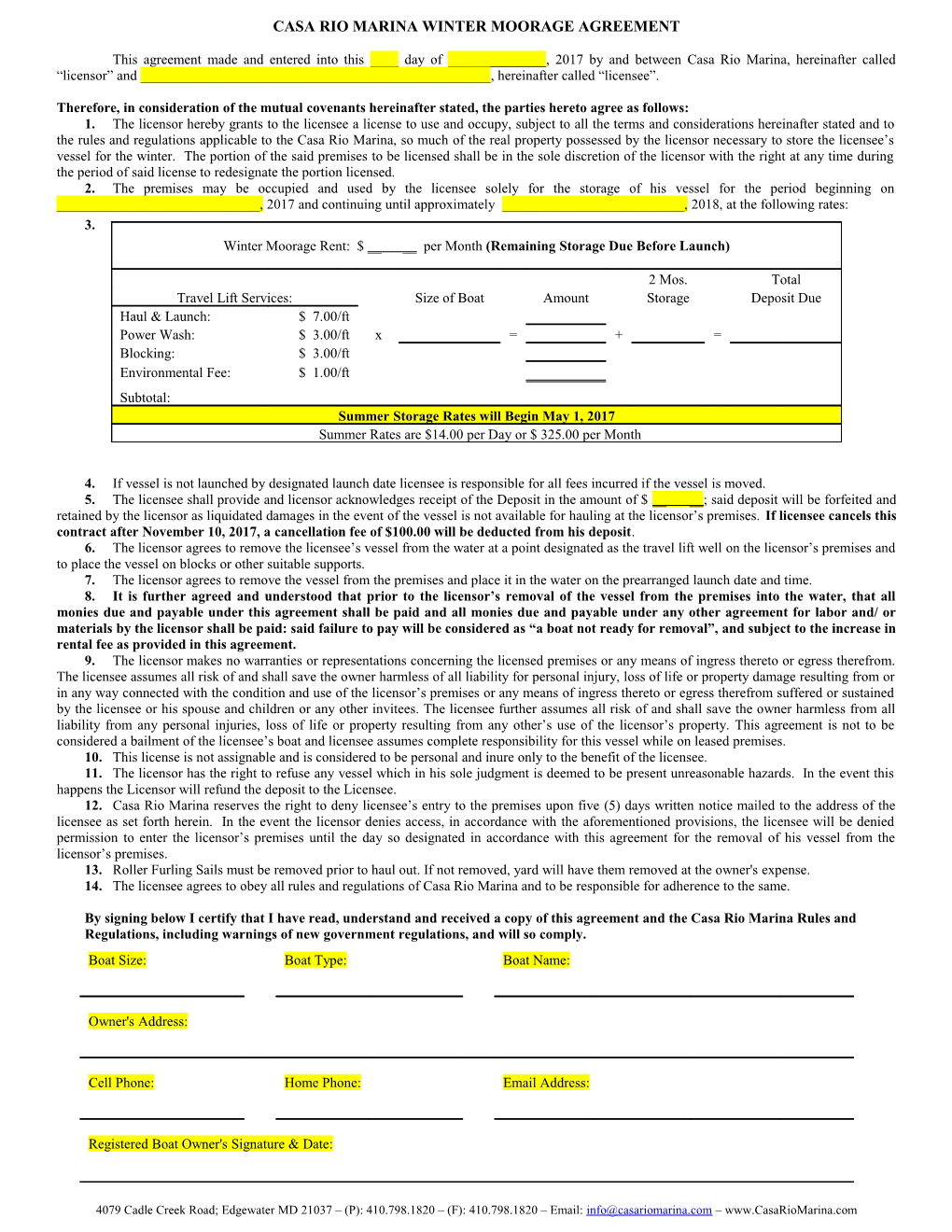 Casa Rio Marina Moorage Agreement