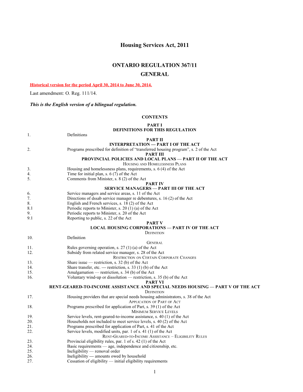 Housing Services Act, 2011 - O. Reg. 367/11