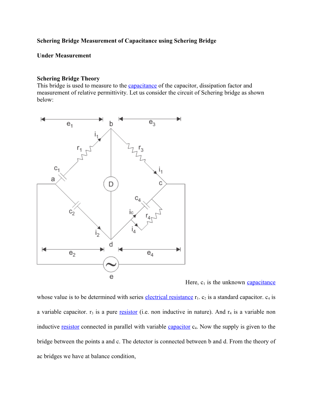 Schering Bridge Measurement of Capacitance Using Schering Bridge