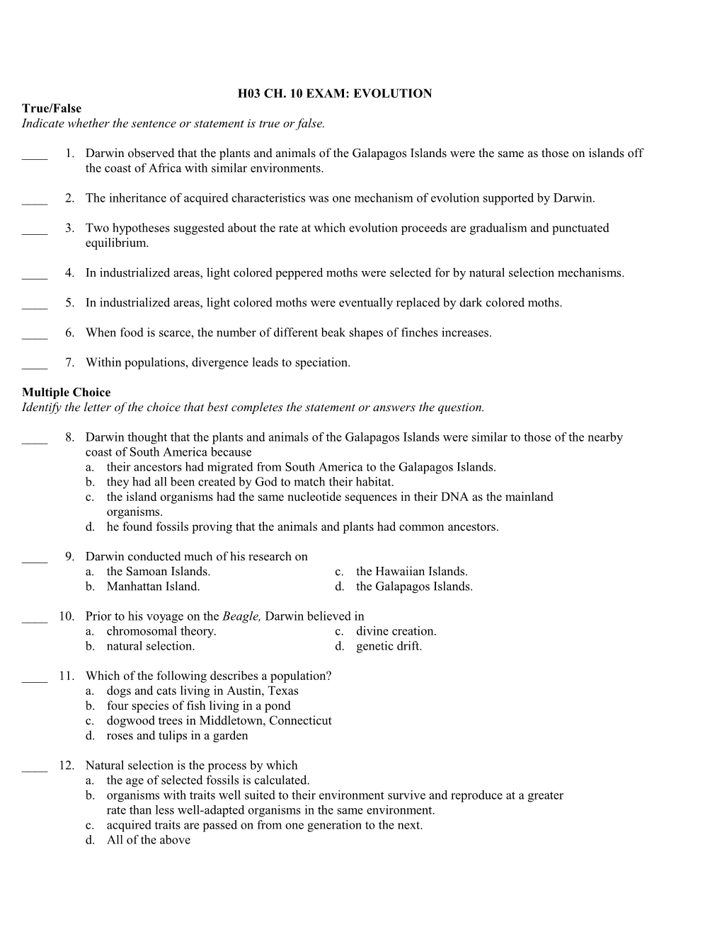 H03 Ch. 10 Exam: Evolution