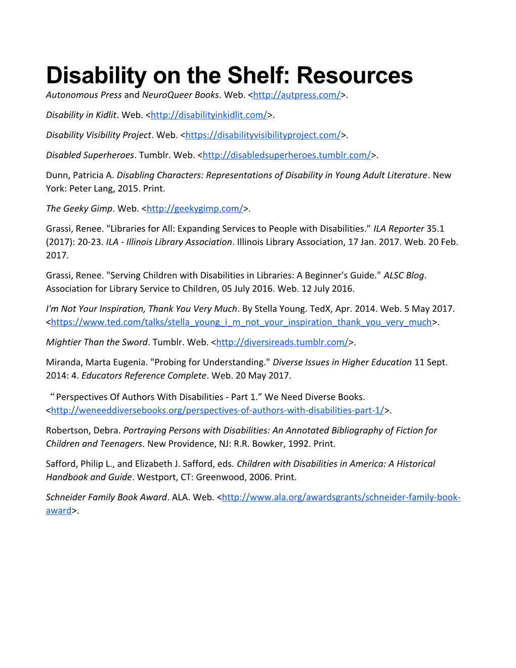 Disability on the Shelf: Resources