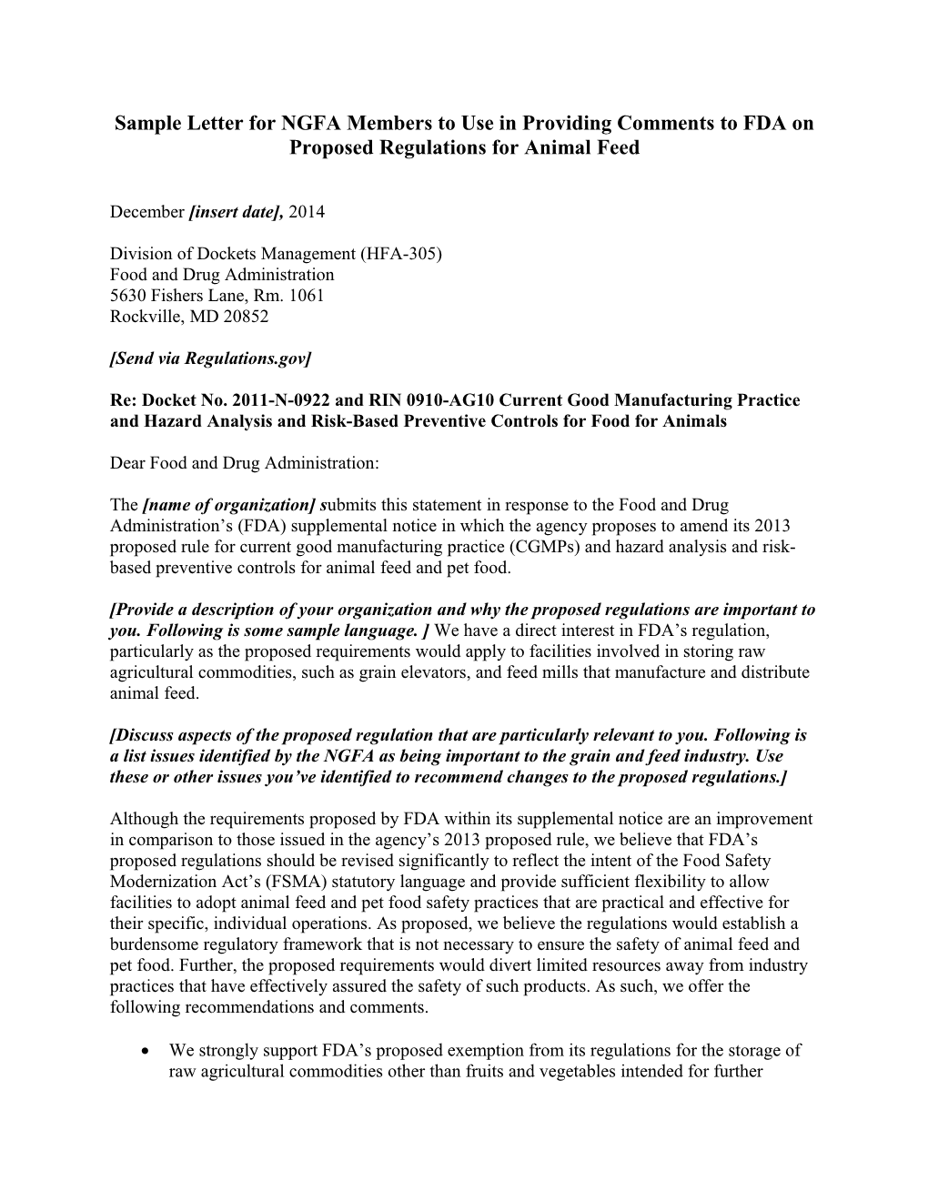 Sample Letter for NGFA Membersto Use in Providing Comments to FDA on Proposed Regulations