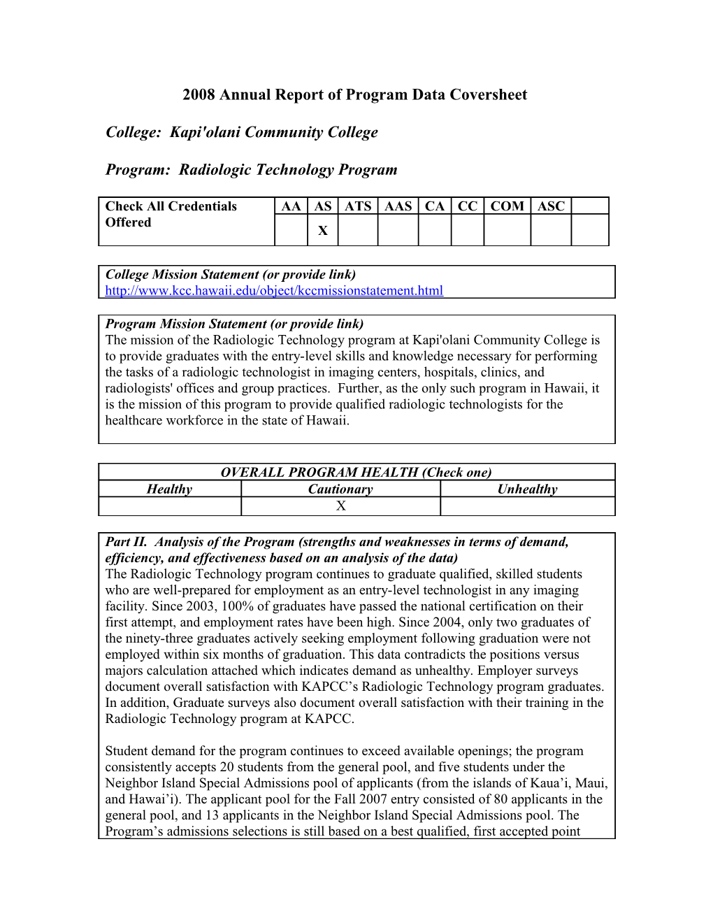 UHCC Annual Report Instructional Program Data on Fall 2006 Data