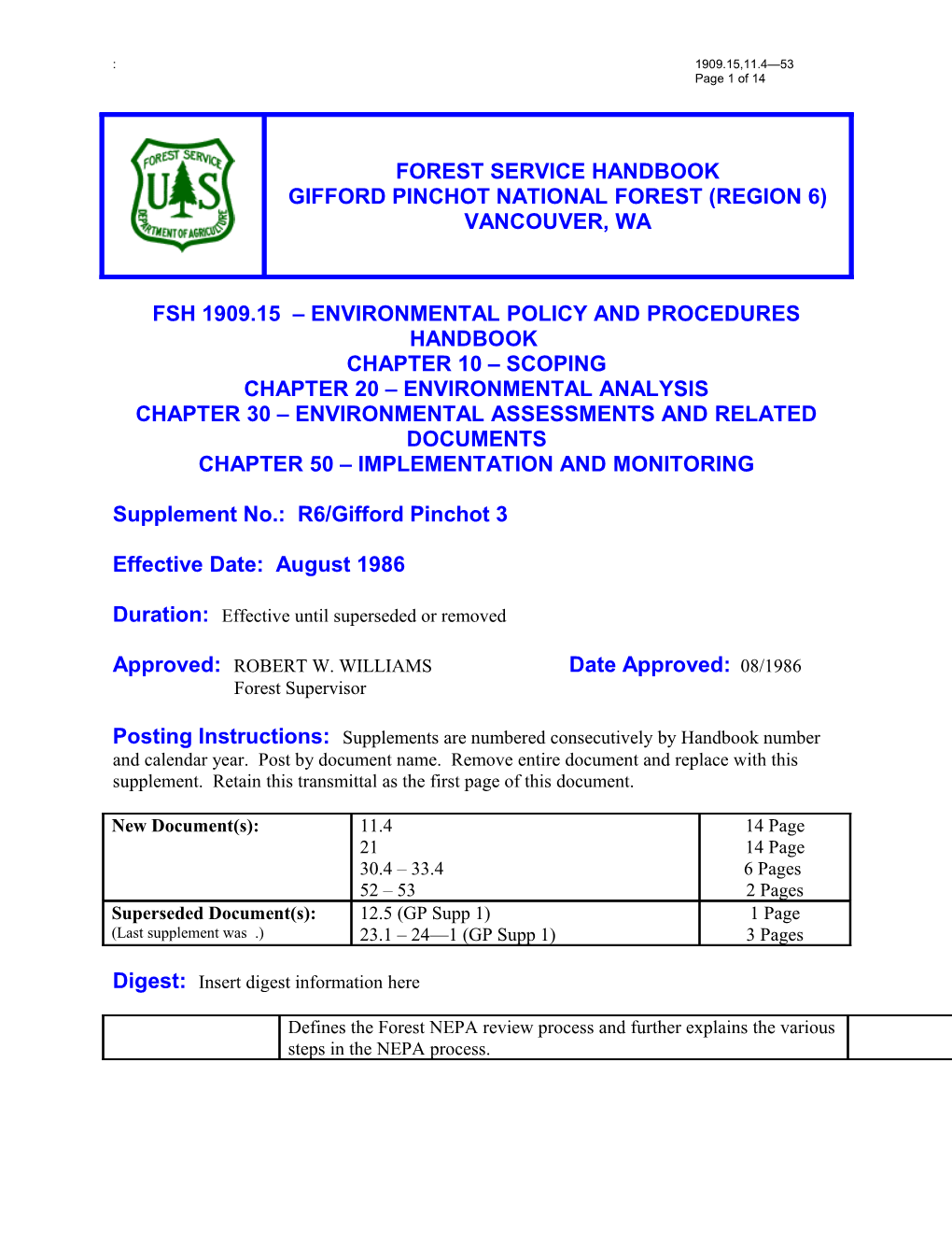 Fsh 1909.15 ENVIRONMENTAL POLICY and PROCEDURES HANDBOOK