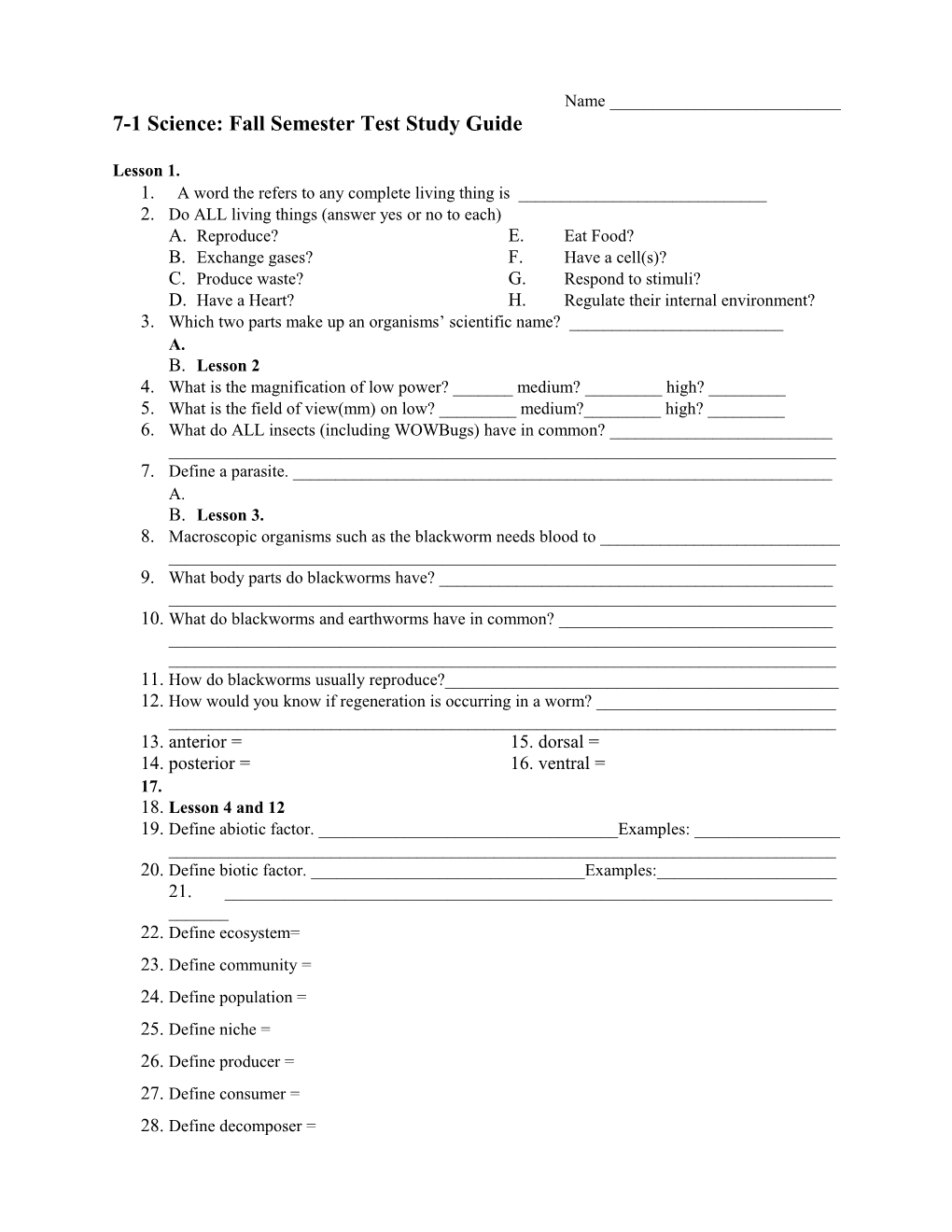 7-1 Science Semester 1 Final