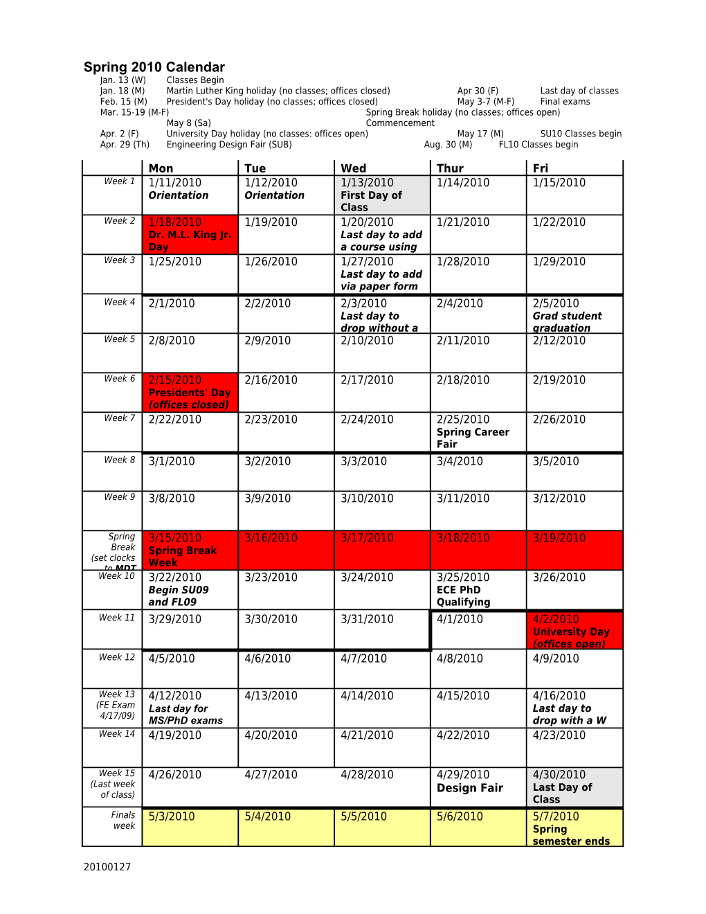 Spring 2010 Calendar