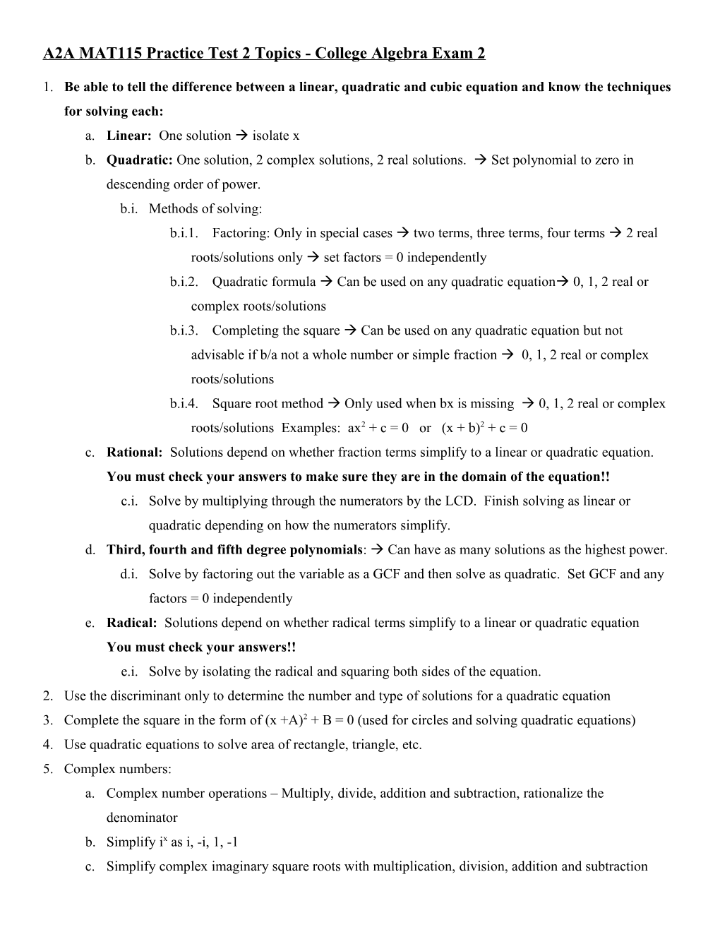 Practice Test 2 Topics - College Algebra Exam 2