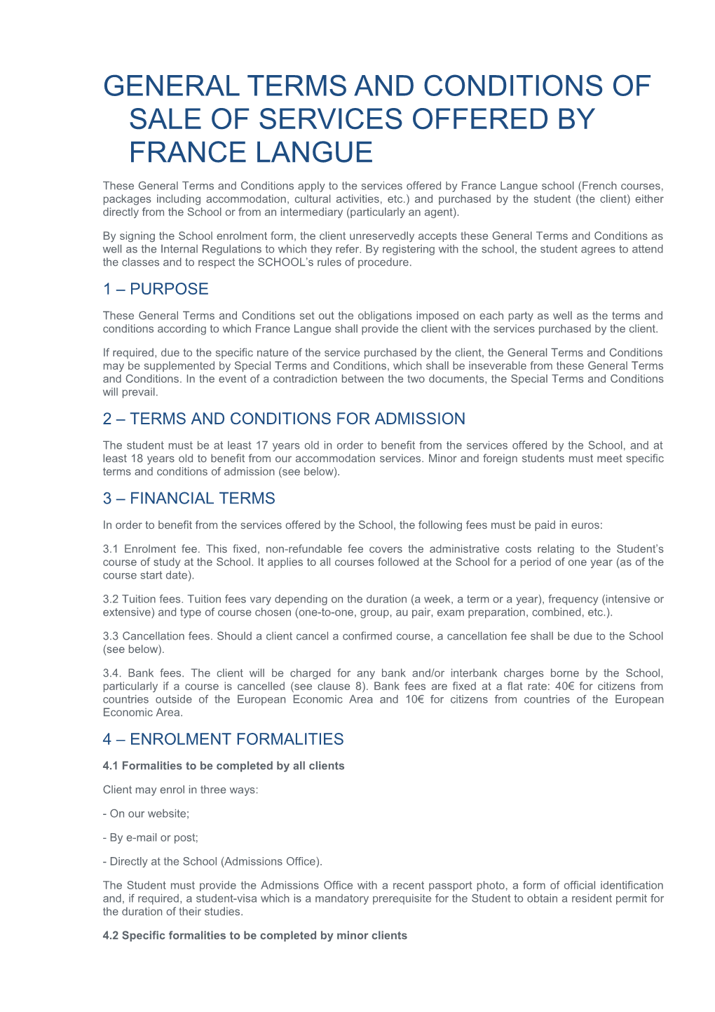 General Terms and Conditions of Sale of Services Offered by France Langue