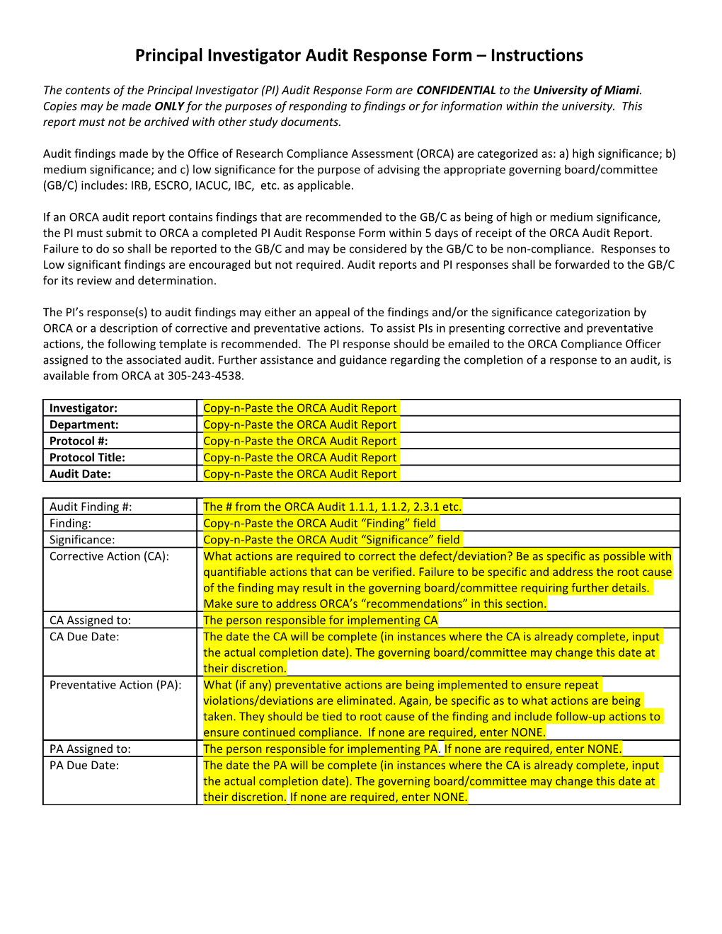 Principal Investigator Audit Response Form Instructions