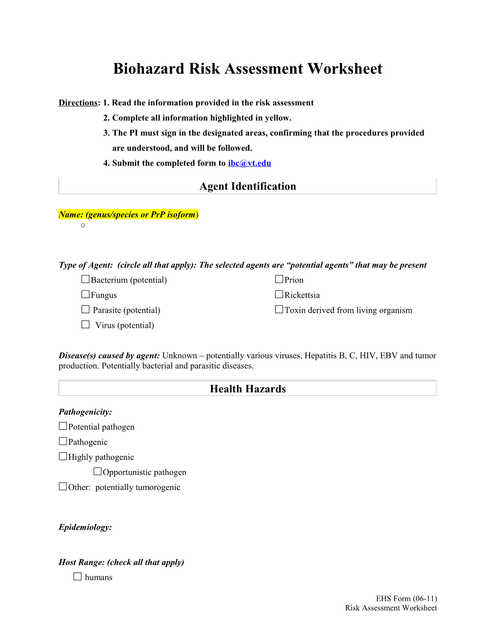 Risk Assessment Worksheet