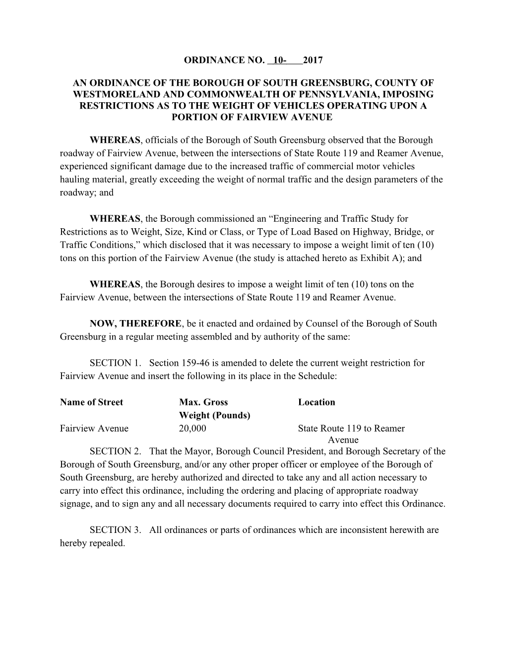 An Ordinance of the Borough of South Greensburg, County of Westmoreland and Commonwealth