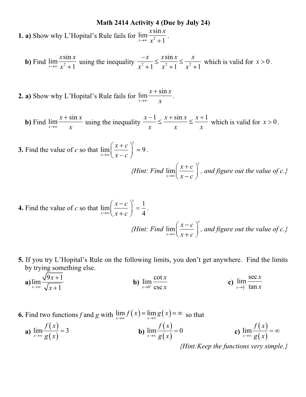 Math 2414 Activity 4 (Due by July 24)