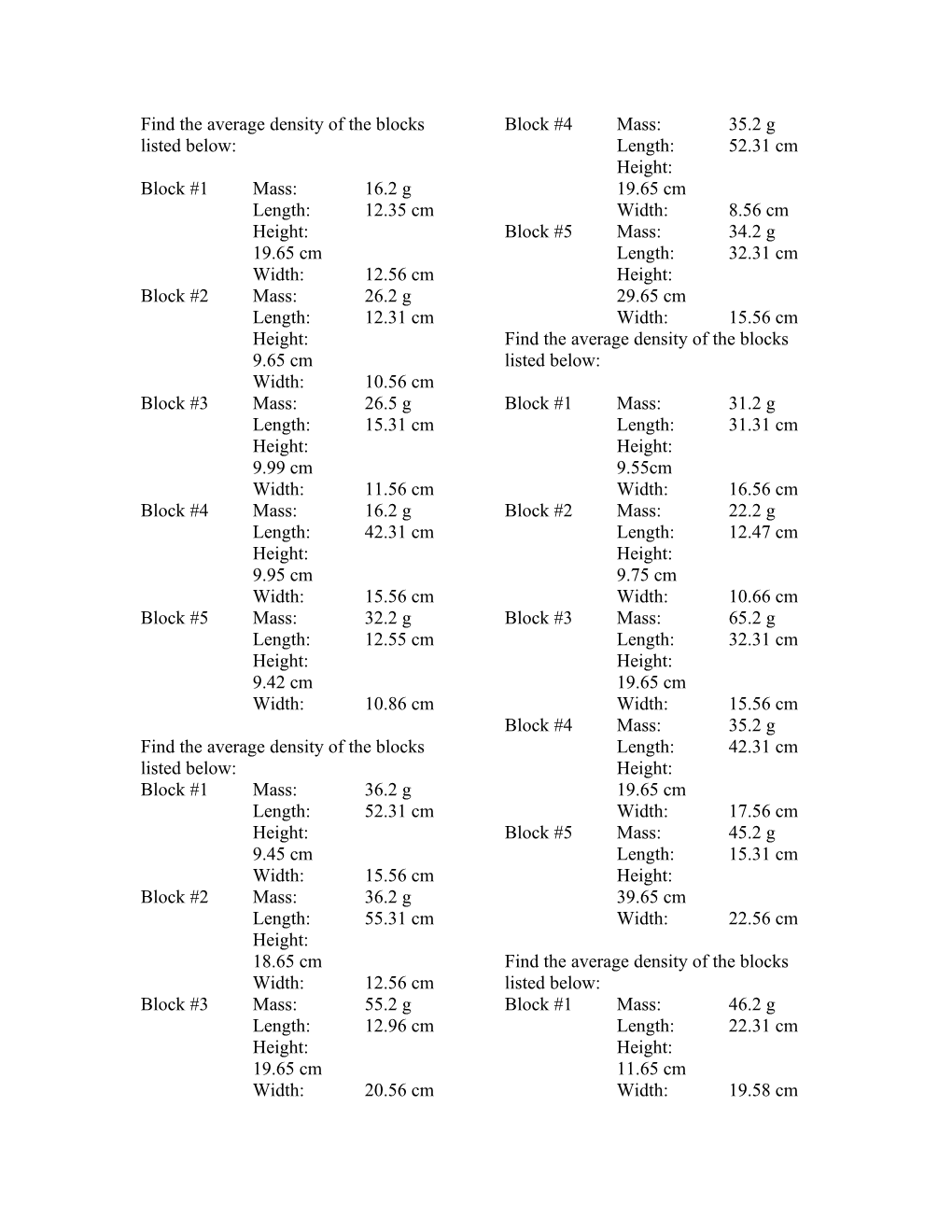 Find the Average Density of the Blocks Listed Below