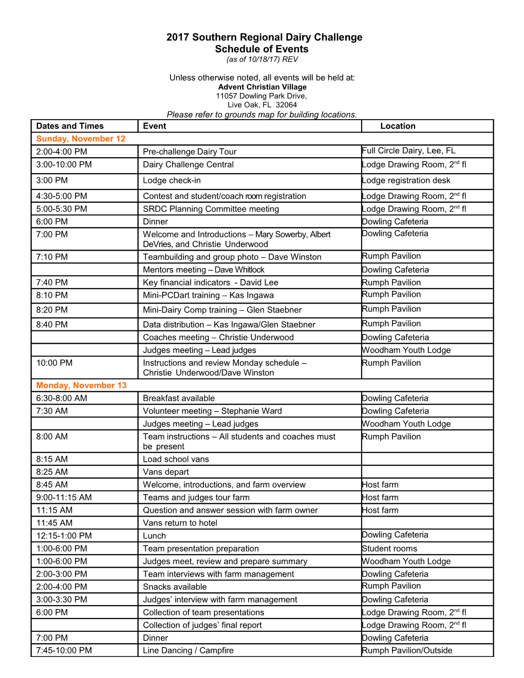 2017 Southern Regional Dairy Challenge Schedule of Events