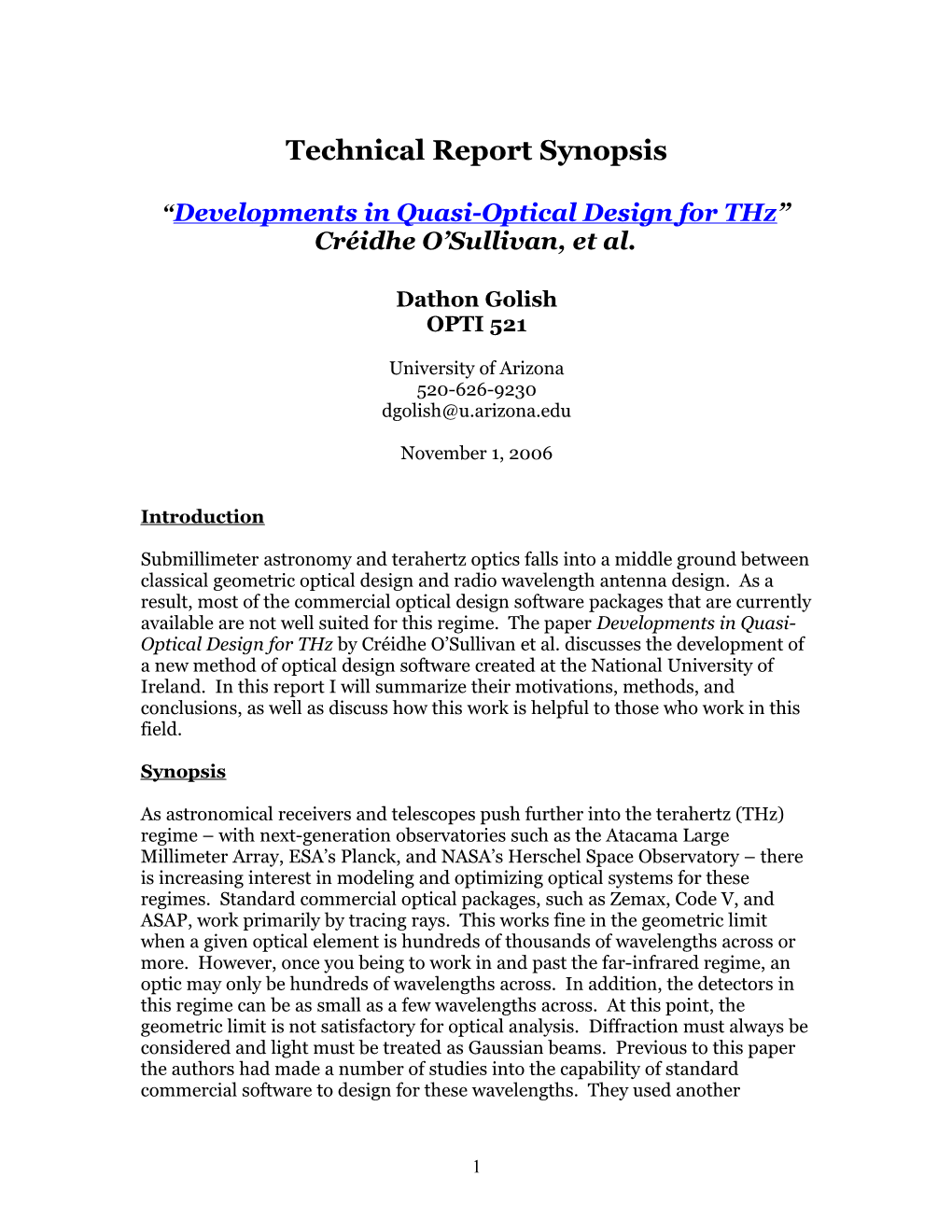 Technical Report Synopsis