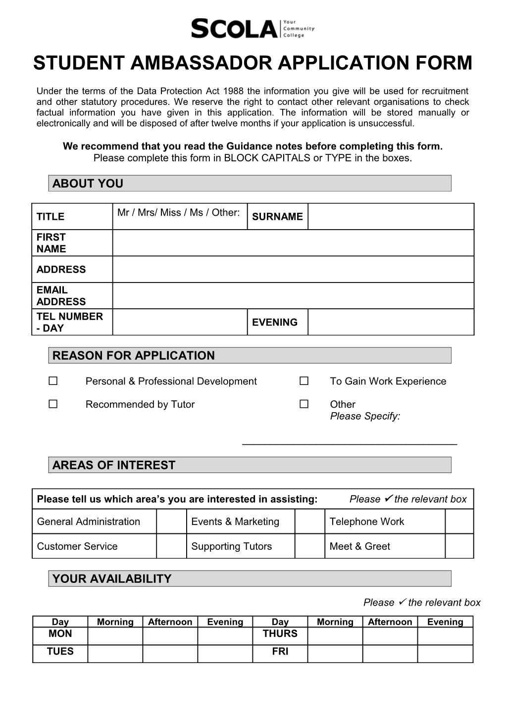 Student Ambassador Application Form