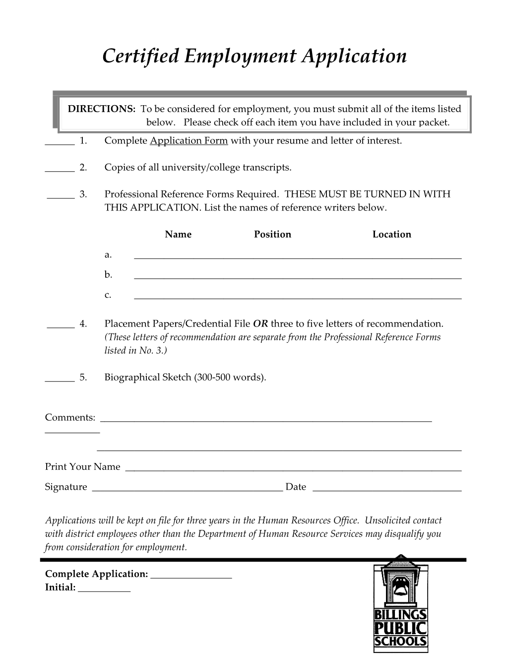 Certified Employment Application