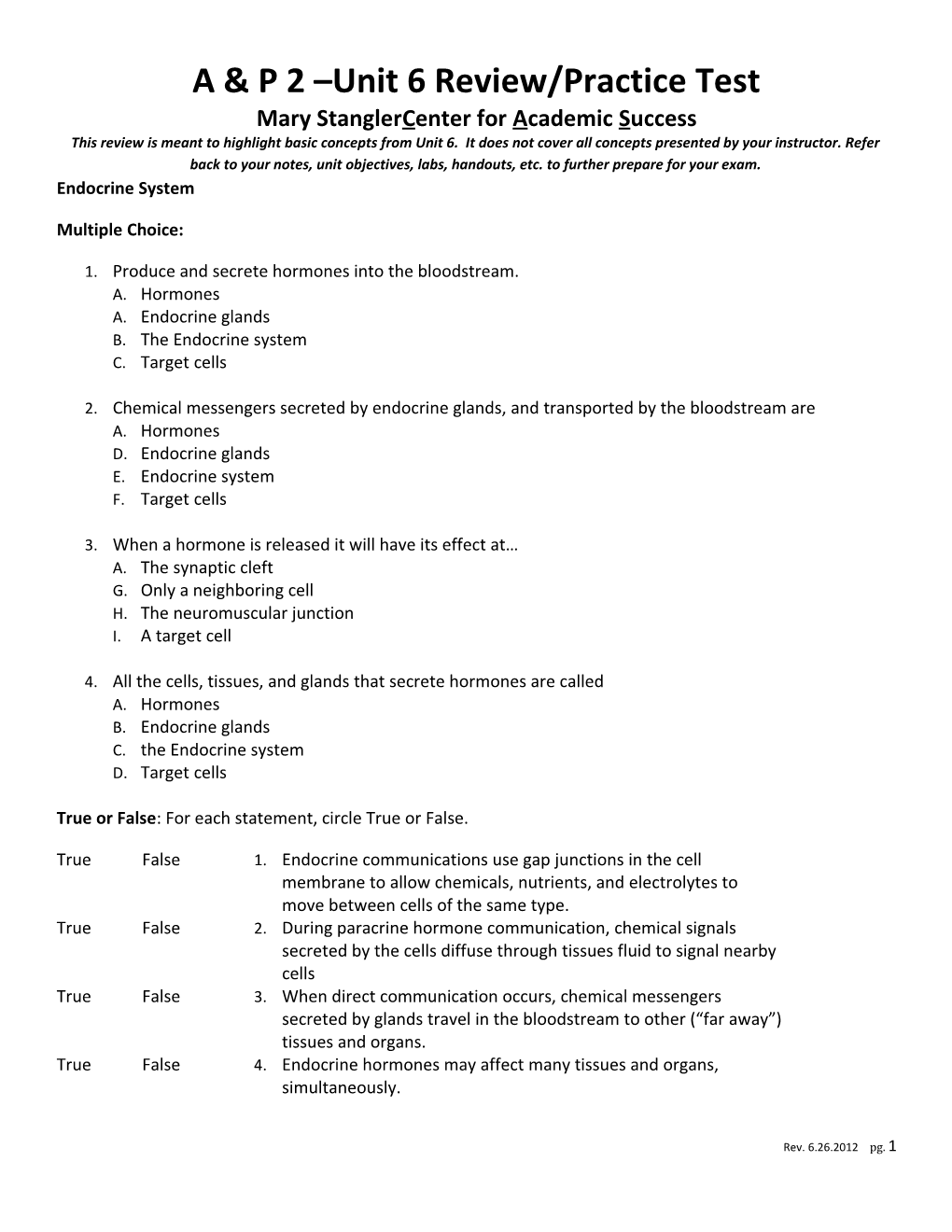 A & P 2 Unit 6 Review/Practice Test