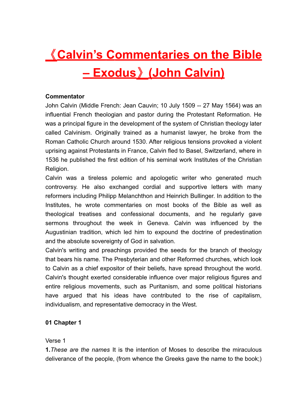 Calvin Scommentaries on the Bible Exodus (John Calvin)