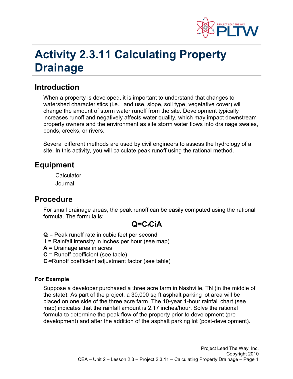 Activity 2.3.11 Calculating Property Drainage