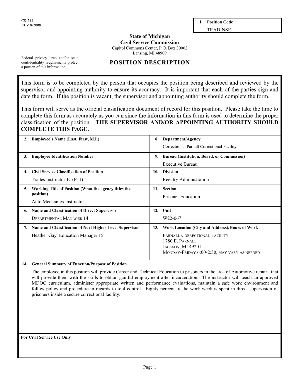 CS-214 Position Description Form s27