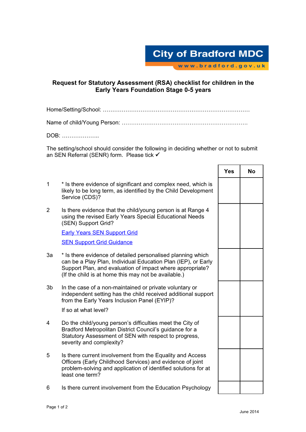 Request for Statutory Assessment (RSA) Checklist for Children in the Early Years Foundation