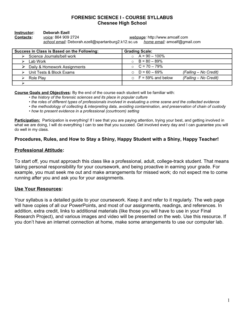 Forensic Science I Course Syllabus