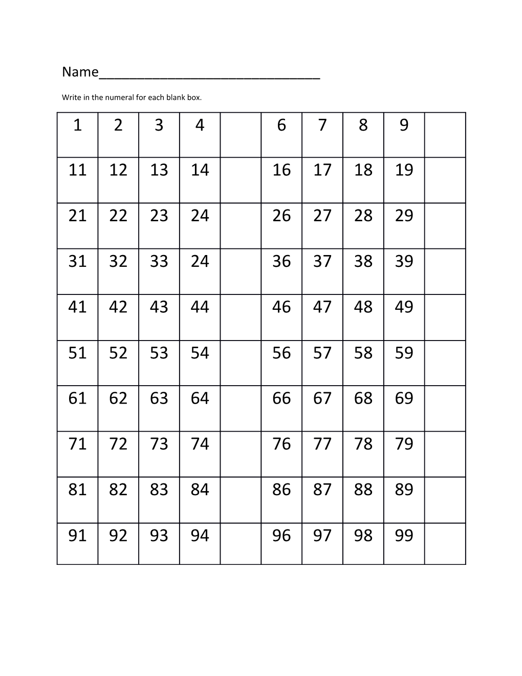 Write in the Numeral for Each Blank Box
