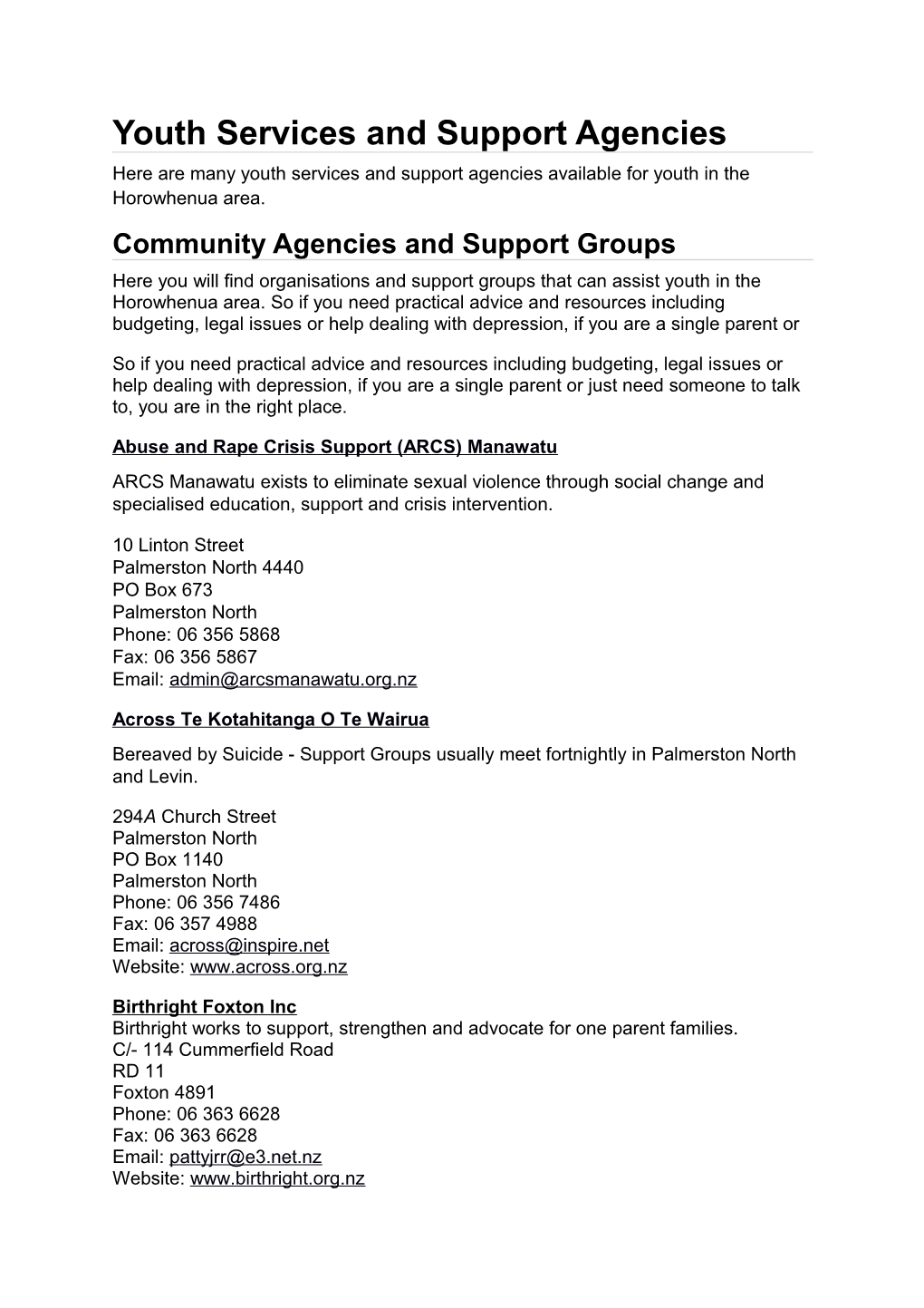 Youth Services and Support Agencies