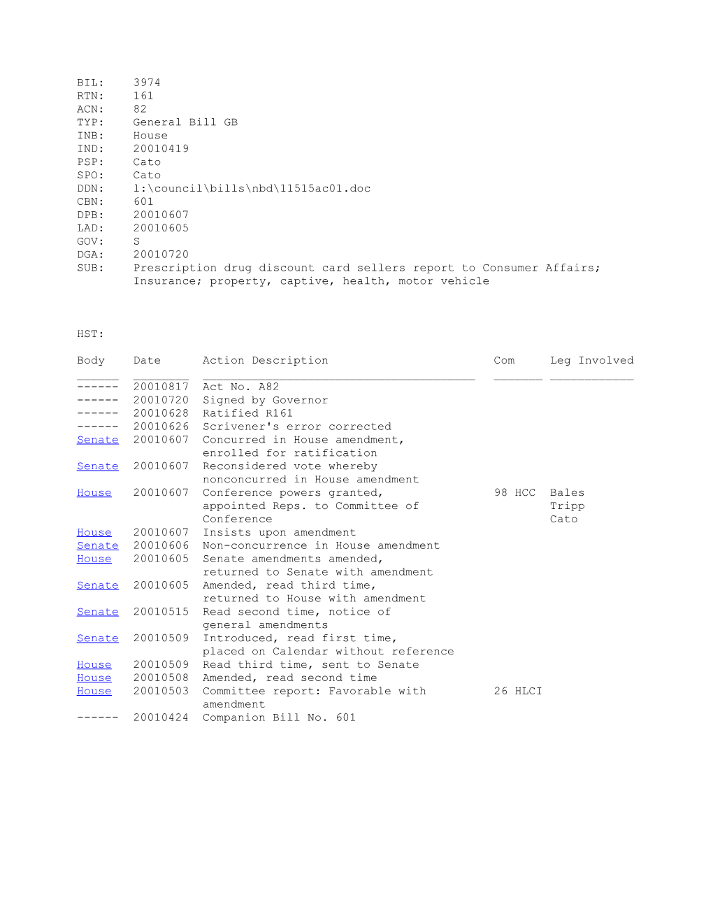 2001-2002 Bill 3974: Prescription Drug Discount Card Sellers Report to Consumer Affairs;