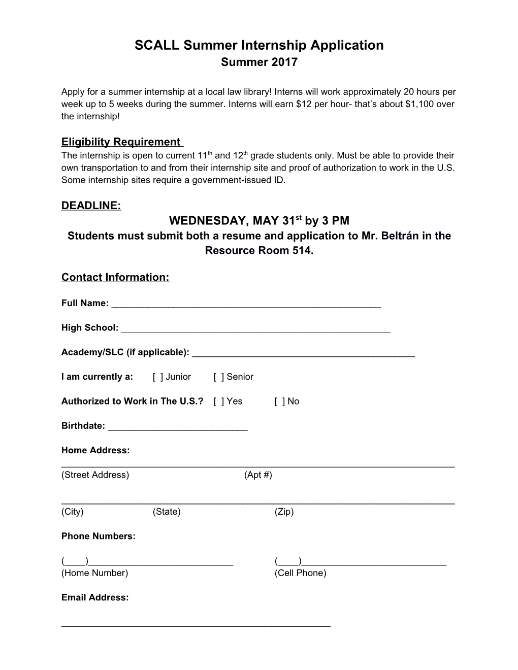 SCALL Summer Internship Application
