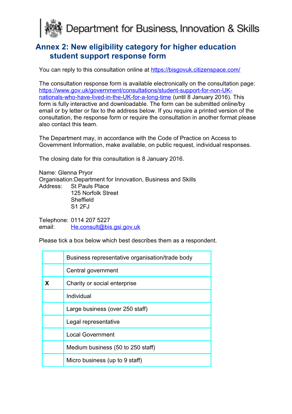 Annex 2: New Eligibility Category for Higher Education Student Support Response Form