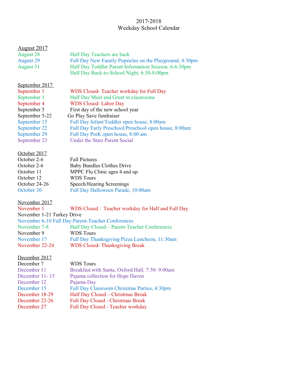 Weekday School Calendar