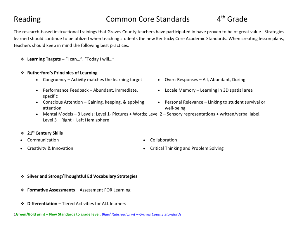 Reading Common Core Standards 4Th Grade