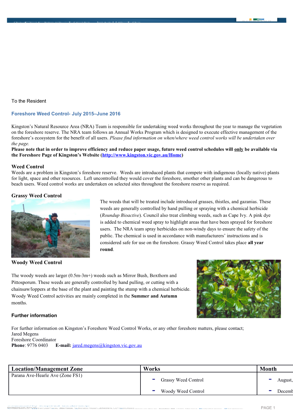 Foreshore Weed Control- July 2015 June 2016