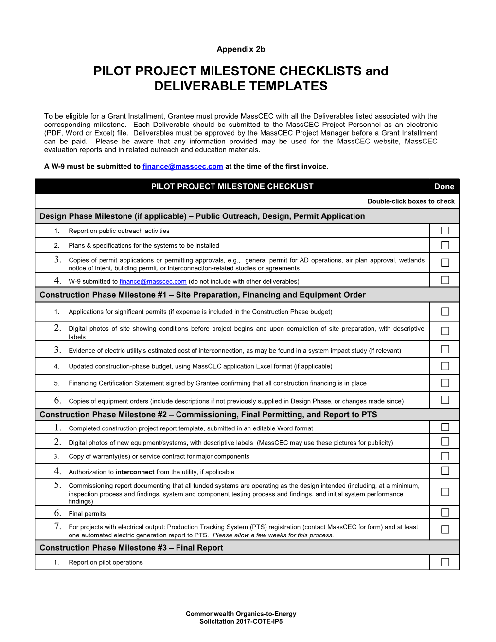 PILOT PROJECT MILESTONE CHECKLISTS And