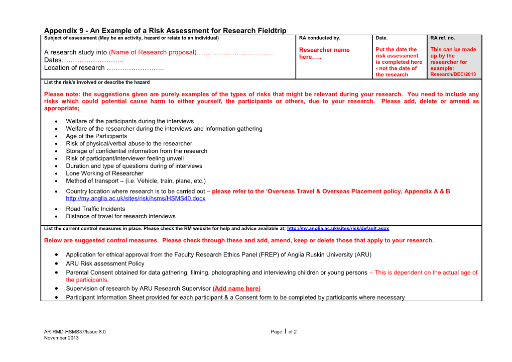 Appendix 9 - an Example of a Risk Assessment for Research Fieldtrip