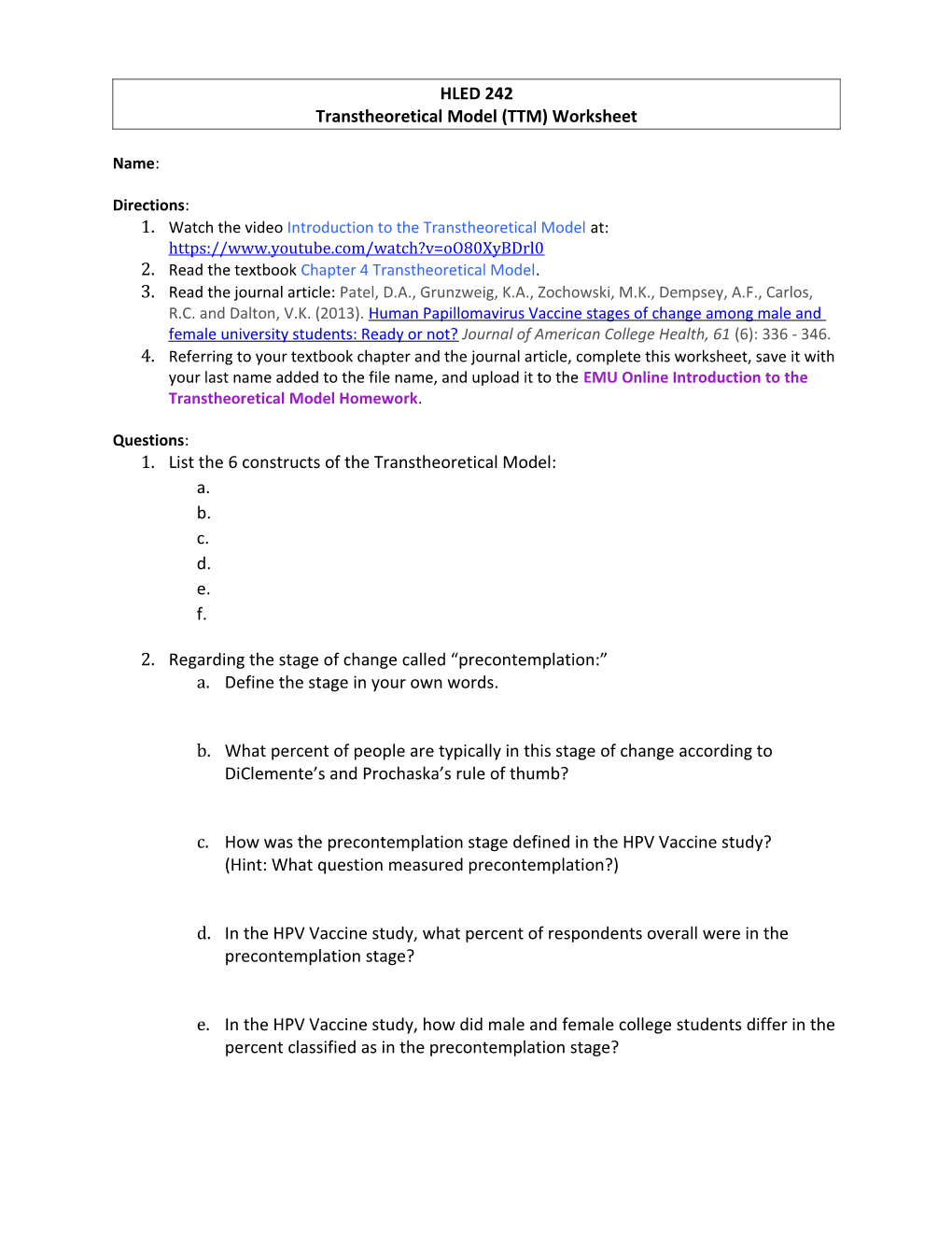 Transtheoretical Model (TTM) Worksheet