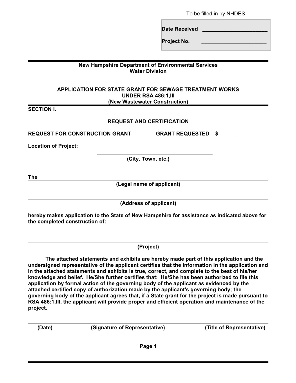 Application for State Grant for Sewage Treatment Works Under RSA 486:1, III (New Wastewater