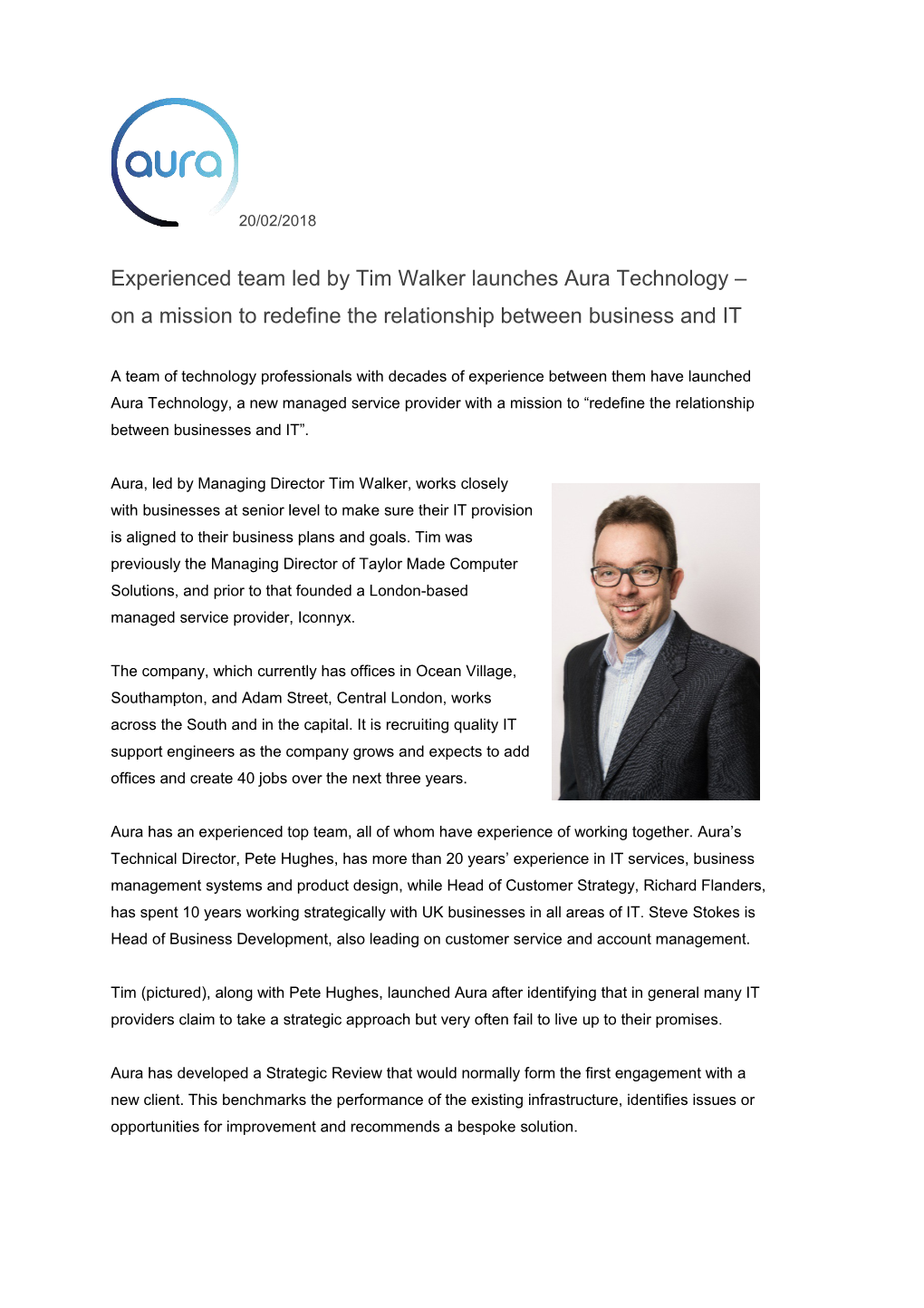 Experienced Team Led by Tim Walker Launches Aura Technology on a Mission to Redefine The