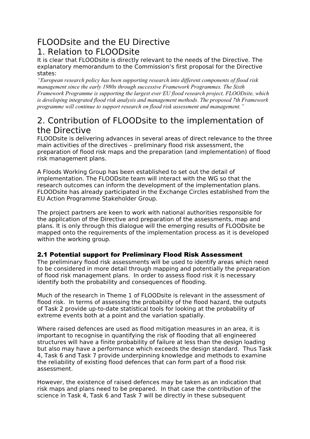 Floodsite and the Proposed EU Directive