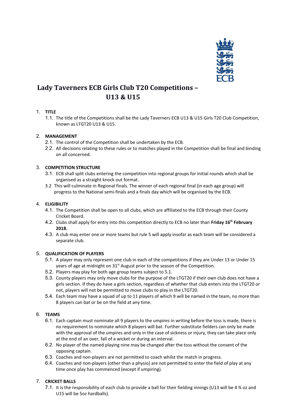 Lady Taverners ECB Girls Club T20 Competitions U13 & U15