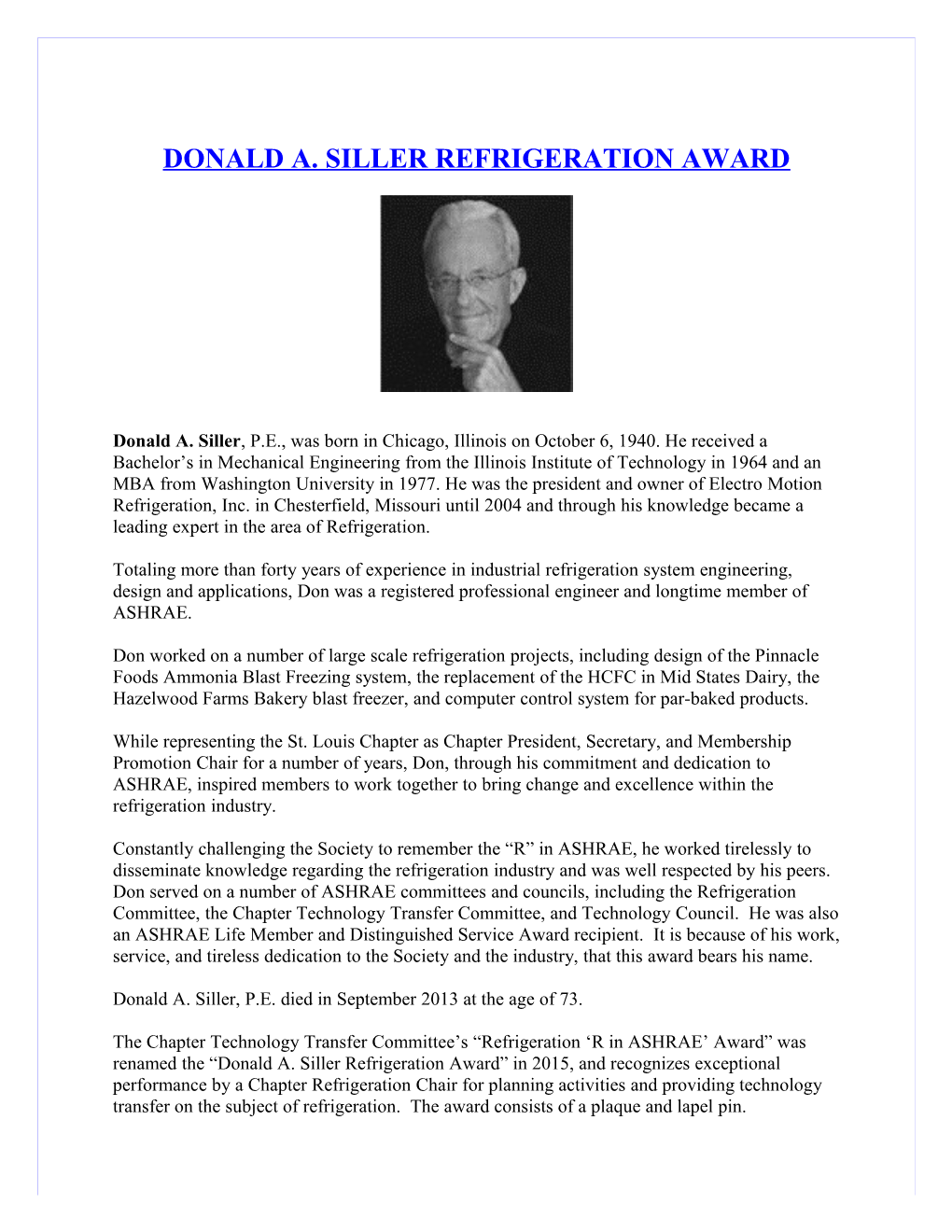 Donald A. Siller Refrigeration Award