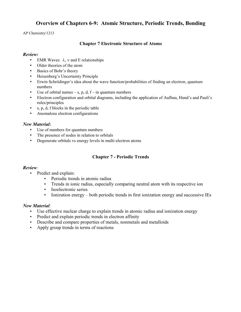 Overview of Chapter 6 Electronic Structure of Atoms