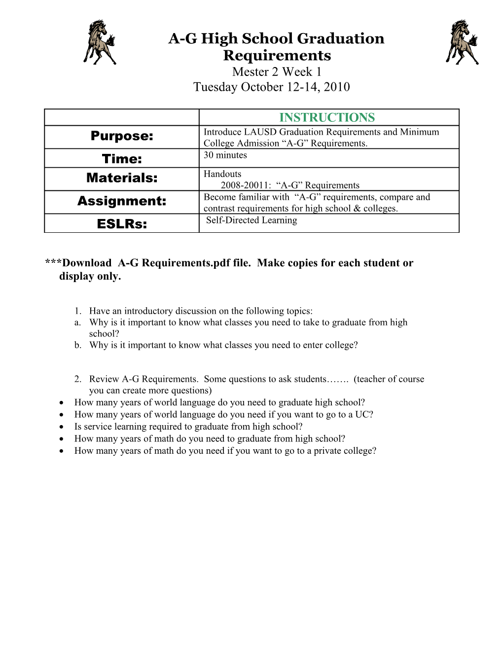 A-G High School Graduation Requirements