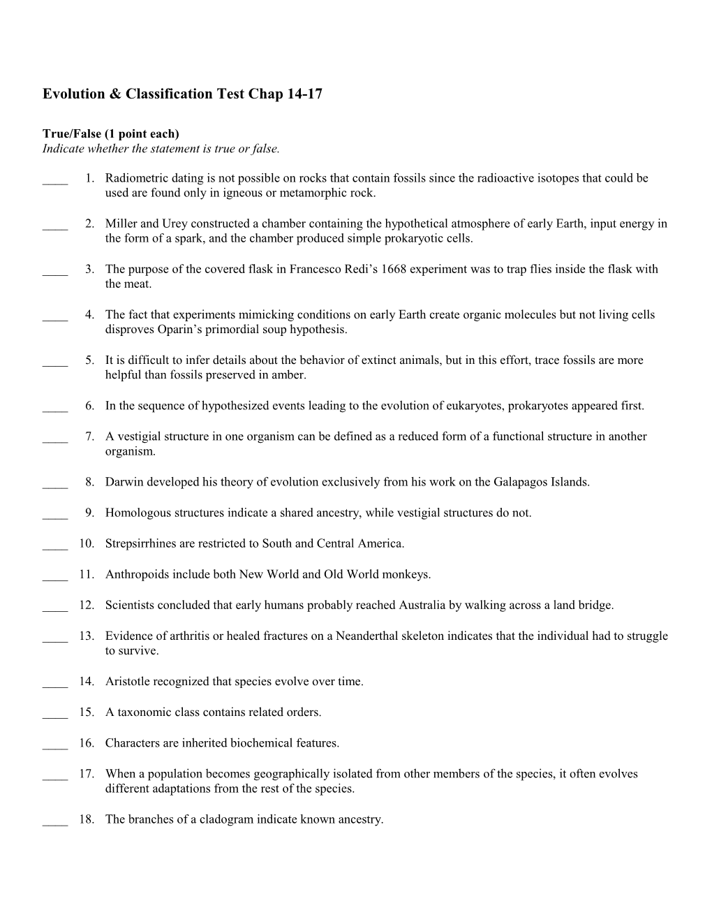 Evolution & Classification Test Chap 14-17