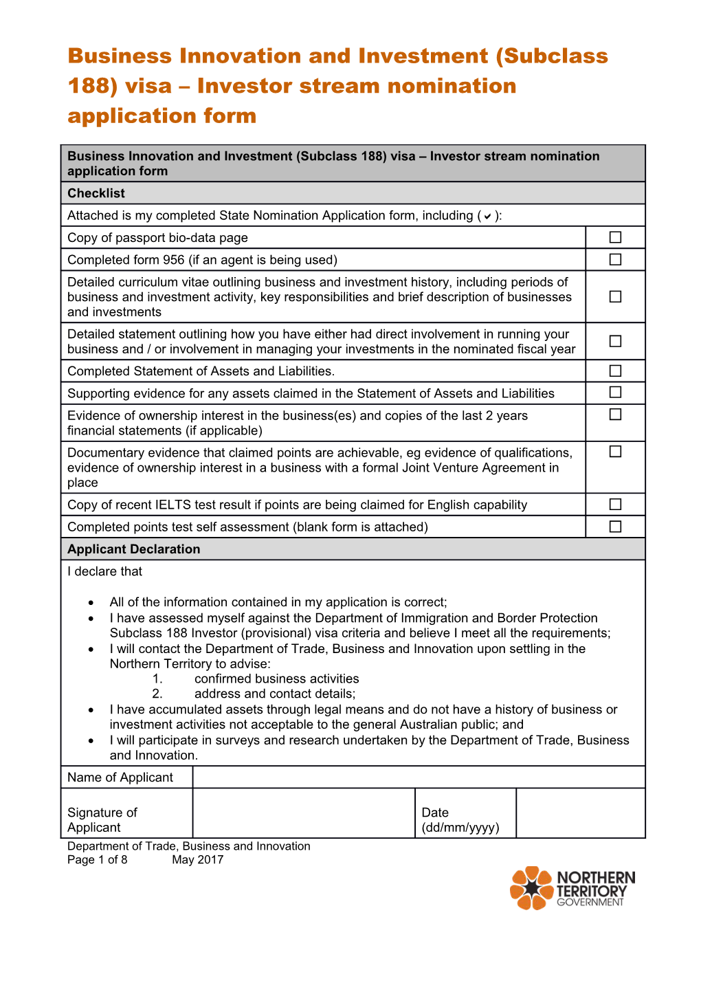 Business Innovation and Investment (Subclass 188) Visa Investor Stream Nomination Application