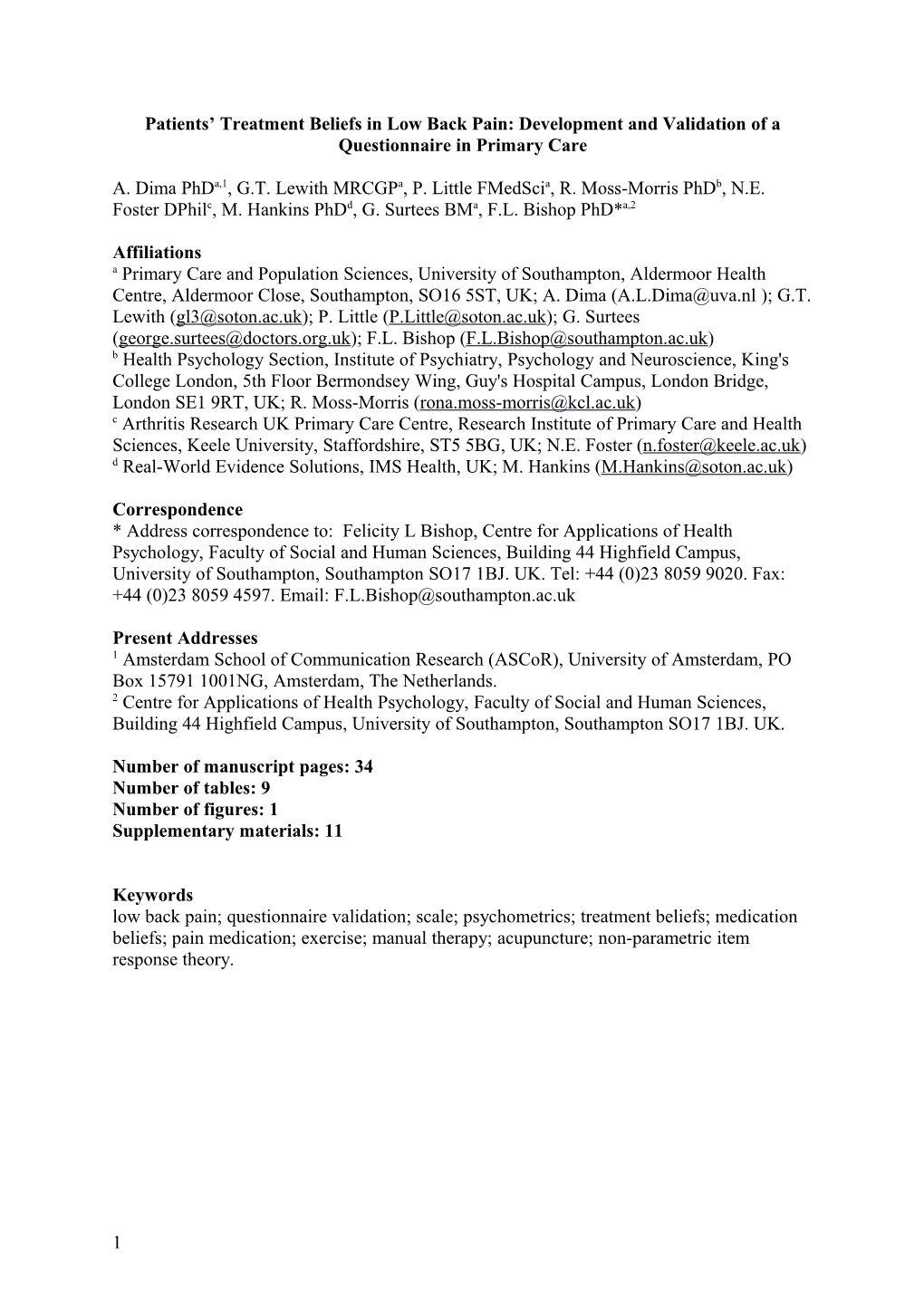 Patients Treatment Beliefs in Low Back Pain: Development and Validation of a Questionnaire