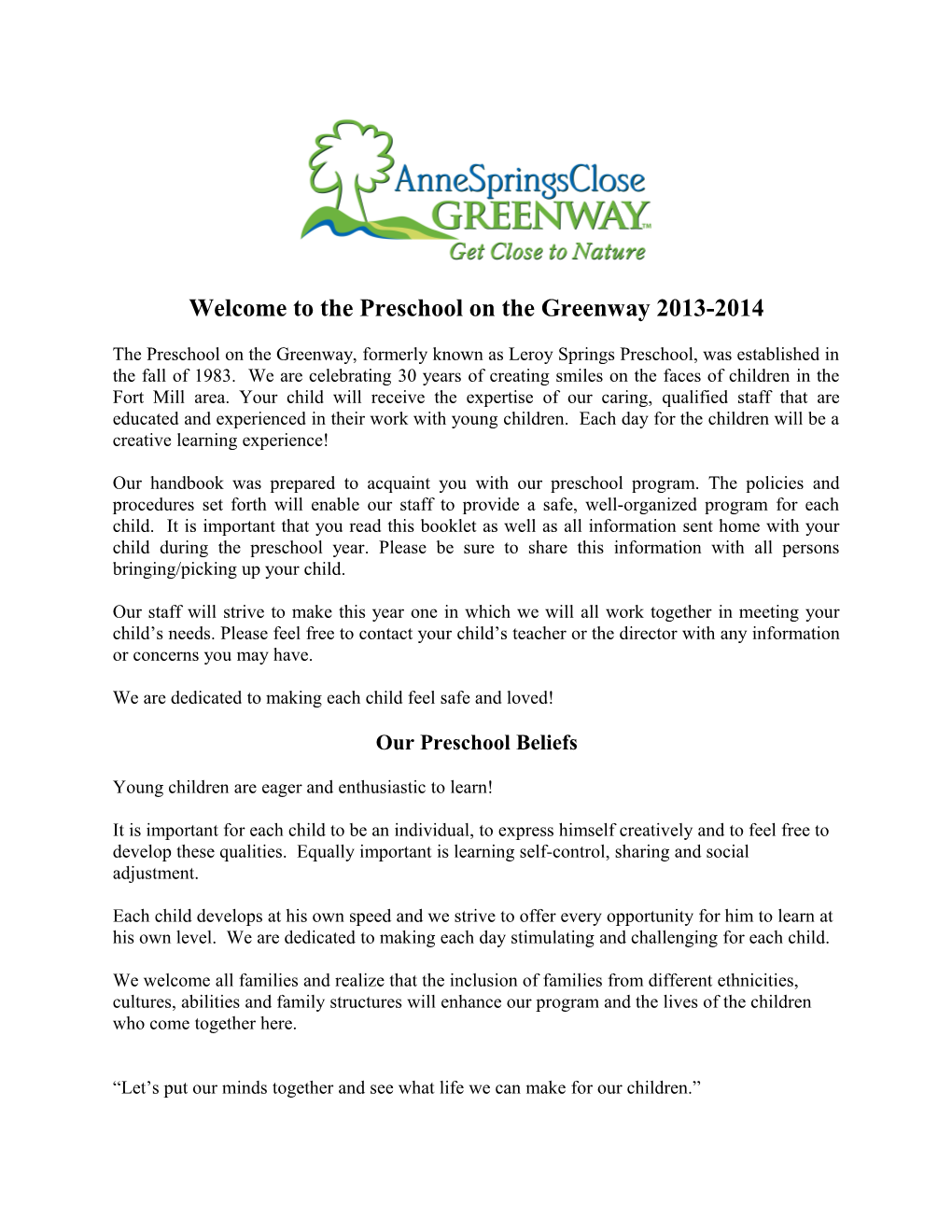 Welcome to the Preschool on the Greenway 2013-2014